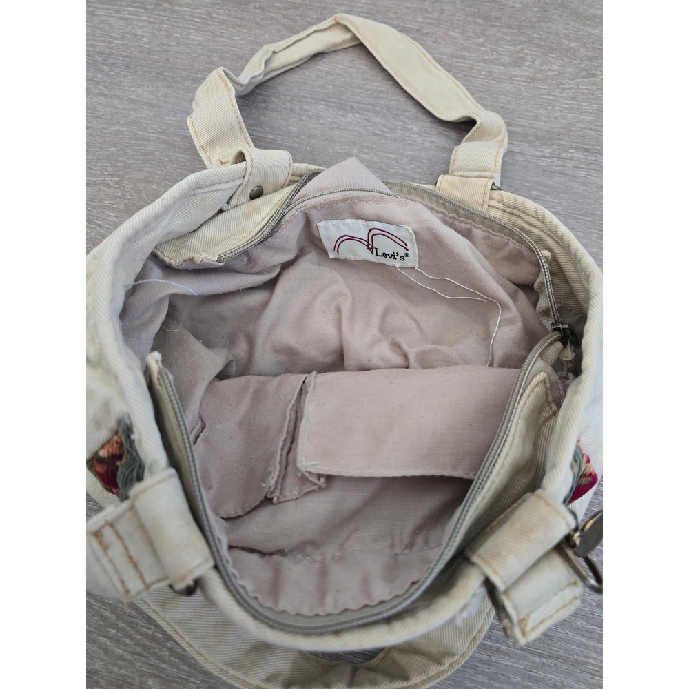 Levis Vintage Patchwork Denim Tote Bag Cream Floral Corduroy Chevron 1873 Charms - Picture 4 of 6